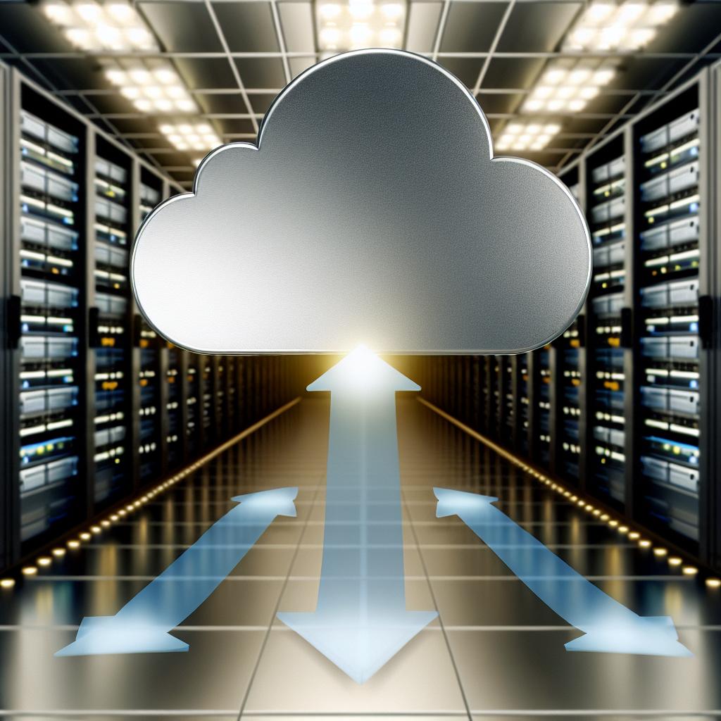 A server room with a flat metal cloud above it and arrows going into the cloud representing the transference of data into the cloud